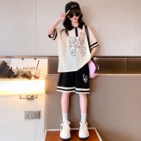 女童夏季套装2024新款韩版中大童童装卡通印花撞色短袖短裤两件套