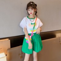 女童夏季套装中大童韩版卡通烫钻花边短袖上衣休闲宽松短裤两件套