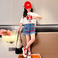 女童短袖T恤夏装2024新款儿童纯棉体恤女孩牛仔短裤套装夏季童装