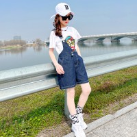 女童牛仔短裤套装夏季2024新款短袖印花T恤女孩单肩背带裤两件套