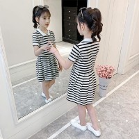 女童学院风裙子短袖洋气2024新款夏装女孩夏季网红儿童条纹连衣裙