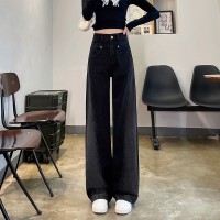 黑色阔腿牛仔裤女秋冬季2024年高腰宽松显瘦直筒拖地裤子