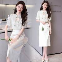 夏装2024新款新中式花边领印花立体衬衣搭配显瘦半身裙套装