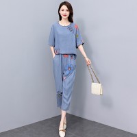 现货天丝牛仔拼接套装女2024夏季新款洋气优雅气质两件套