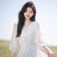 月光小白裙刺绣圆领仙女裙2024新款宫廷风白色紫色香槟色连衣裙