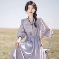 月光小白裙刺绣圆领仙女裙2024新款宫廷风白色紫色香槟色连衣裙