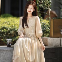 月光小白裙刺绣圆领仙女裙2024新款宫廷风白色紫色香槟色连衣裙