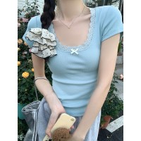 纯欲u领粉色花边蕾丝短袖T恤女夏季蝴蝶结内搭短款上衣