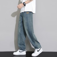 Q春夏牛仔裤男宽松卡其阔腿裤绣标小众日系水洗休闲长裤子男