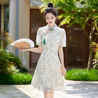 现货主推蕾丝印花新中式连衣裙