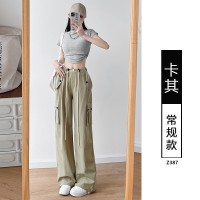 美式高街辣妹风抽绳工装裤女夏季新款宽松百搭阔腿休闲直筒裤