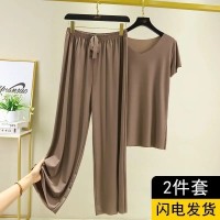 时尚冰丝套装女夏季新款气质运动休闲阔腿裤短袖两件套洋气潮