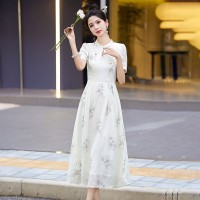 新中式现货夏装流行收腰气质淑女显瘦清新天丝棉连衣裙