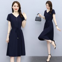 夏季短袖连衣裙女2024年韩版百搭简约百搭收腰显瘦中长款打底裙