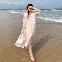 2024夏季新中式盘扣斜领碎花连衣裙155