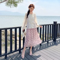 两件套新中式防晒衣短外套印花吊带连衣裙套装155