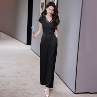 BAO2024年现货夏季时尚潮流V领盘扣衬衣时尚盘扣宽松阔腿裤两件套