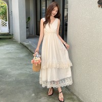 法式纯色V领双层蕾丝蛋糕大摆无袖连衣裙155