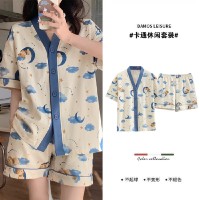 ins夏季小香风睡衣女夏新款和服领卡通甜美月亮熊短袖短裤家居服