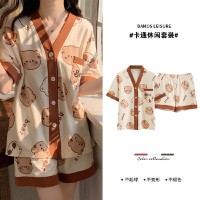 ins夏季小香风睡衣女夏新款和服领卡通甜美月亮熊短袖短裤家居服