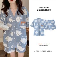 ins夏季小香风睡衣女夏新款和服领卡通甜美月亮熊短袖短裤家居服