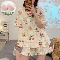 公主风花边睡衣女短袖v领简约纯色带胸垫可爱少女宽松可外穿套装