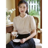 新中式风盘扣上衣气质雪纺衬衫2024新款女夏衬衣显瘦
