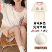夏季女士睡衣带胸垫短袖短裤卡通棉质家居服套装休闲凉爽免穿文胸
