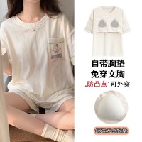 夏季女士睡衣带胸垫短袖短裤卡通棉质家居服套装休闲凉爽免穿文胸