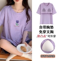 夏季女士睡衣带胸垫短袖短裤卡通棉质家居服套装休闲凉爽免穿文胸
