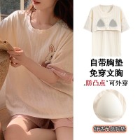 夏季女士睡衣带胸垫短袖短裤卡通棉质家居服套装休闲凉爽免穿文胸