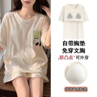 夏季女士睡衣带胸垫短袖短裤卡通棉质家居服套装休闲凉爽免穿文胸