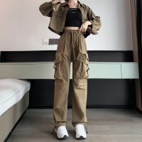 工装裤女秋季新款简约时尚工装风长裤子宽松高腰阔腿裤