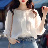 白色衬衫高级感别致绝美小衫超仙一字肩蕾丝雪纺上衣女春夏季新款