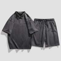 TZ013短袖polo衫男夏季港风高级感套装搭配短裤帅气两件套