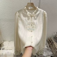 2024春夏新款木耳边刺绣新中式雪纺衫女泡泡袖GUO风盘扣衬衫上衣