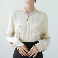 春夏季2024新款杏色复古GUO风时尚设计感立领修身百搭衬衫女