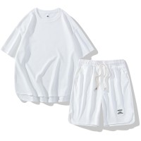 夏季纯色休闲运动衣服短裤短袖T恤潮牌男士冰丝华夫格套装青少年