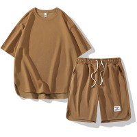 夏季纯色休闲运动衣服短裤短袖T恤潮牌男士冰丝华夫格套装青少年