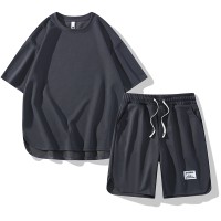 夏季纯色休闲运动衣服短裤短袖T恤潮牌男士冰丝华夫格套装青少年