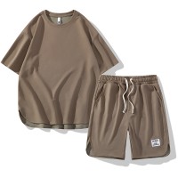 夏季纯色休闲运动衣服短裤短袖T恤潮牌男士冰丝华夫格套装青少年