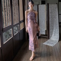 中式新款睡衣女夏吊带挂脖睡裙长裙风高级感性感女士家居服2968