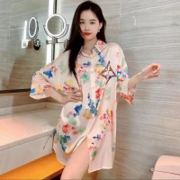 冰丝睡裙女夏季2024年新款高级感薄款大码网红衬衫睡衣外穿家居服