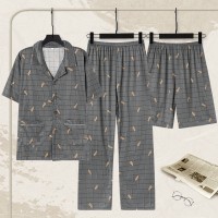 睡衣100%纯棉男士夏季短袖短裤长裤薄款男款夏天大码家居服三件套