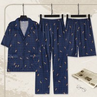 睡衣100%纯棉男士夏季短袖短裤长裤薄款男款夏天大码家居服三件套