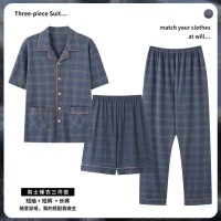 睡衣100%纯棉男士夏季短袖短裤长裤薄款男款夏天大码家居服三件套