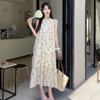 现货绝美复古优雅水墨花设计感碎花挂脖连衣裙M704