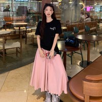 现货手绘涂鸦短袖T恤拼接口袋设计感+粉色半裙两件套