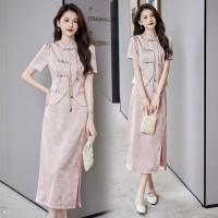 现货夏装新中式盘扣汉服外套香风提花气质优雅半裙百搭套装套裙
