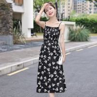 现货2024夏季花朵收腰黑色气质小个子长裙
